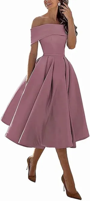 Knee-Length Satin Off Shoulder Homecoming Dress Short Prom Cocktail Party Dress for Junior