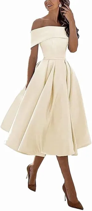 Knee-Length Satin Off Shoulder Homecoming Dress Short Prom Cocktail Party Dress for Junior