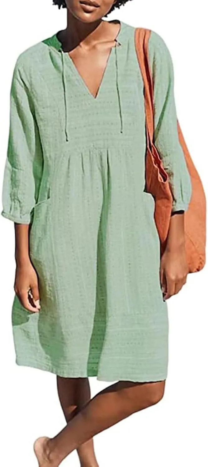 Kubbon Linen Dress Women 3/4 Sleeve V Neck Mini Dresses Loose Beach Dresses with Pockets 2025 Summer Vacation Outfits