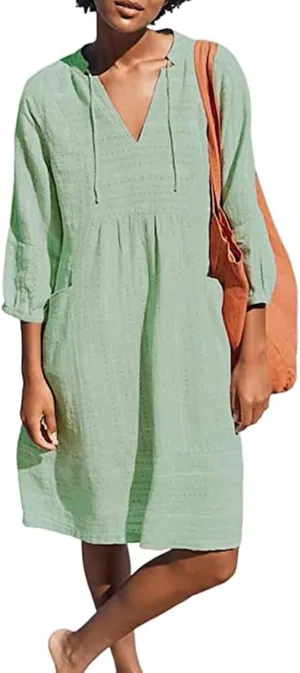 Kubbon Linen Dress Women 3/4 Sleeve V Neck Mini Dresses Loose Beach Dresses with Pockets 2025 Summer Vacation Outfits