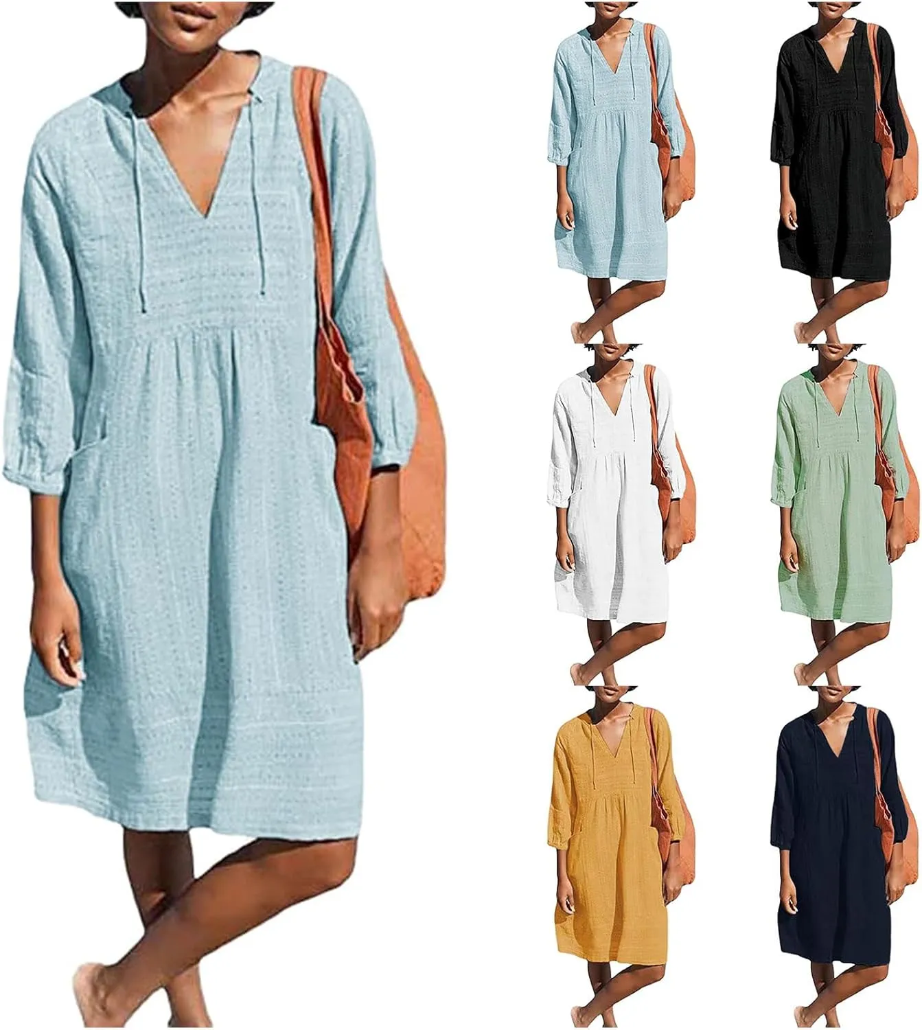 Kubbon Linen Dress Women 3/4 Sleeve V Neck Mini Dresses Loose Beach Dresses with Pockets 2025 Summer Vacation Outfits