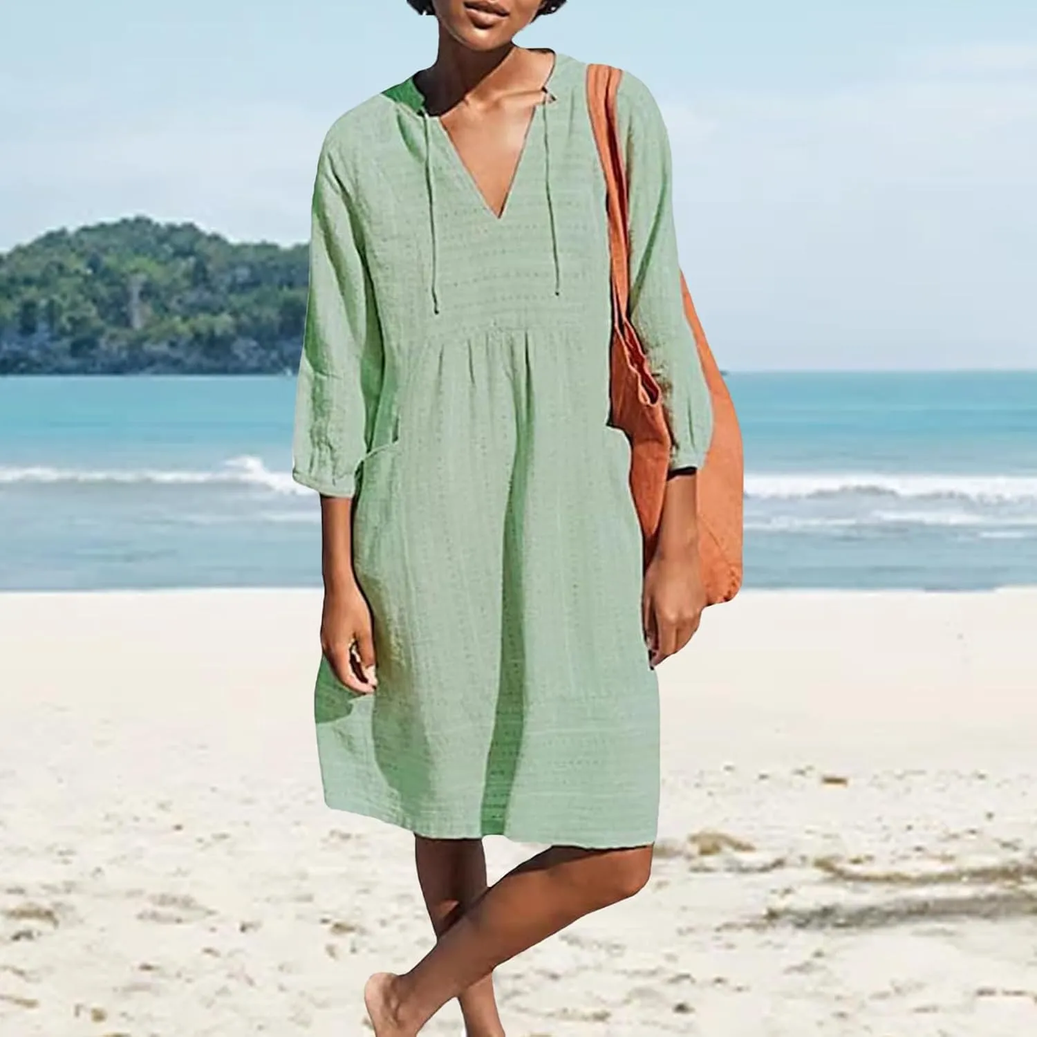 Kubbon Linen Dress Women 3/4 Sleeve V Neck Mini Dresses Loose Beach Dresses with Pockets 2025 Summer Vacation Outfits