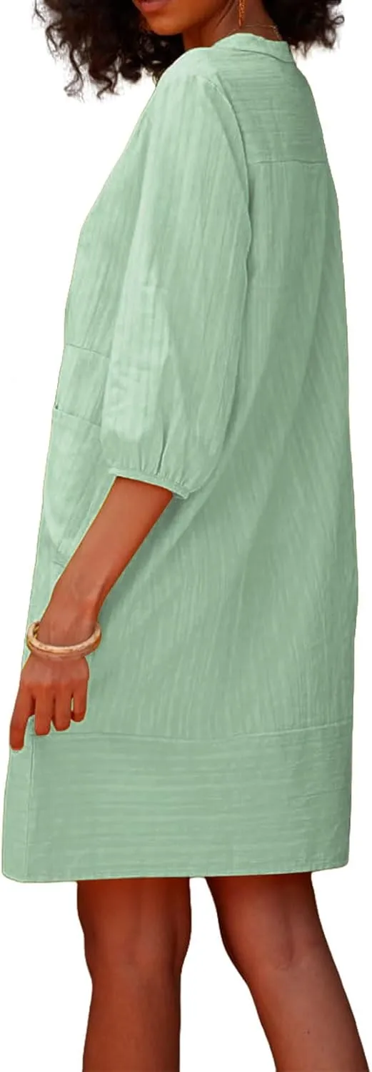 Kubbon Linen Dress Women 3/4 Sleeve V Neck Mini Dresses Loose Beach Dresses with Pockets 2025 Summer Vacation Outfits