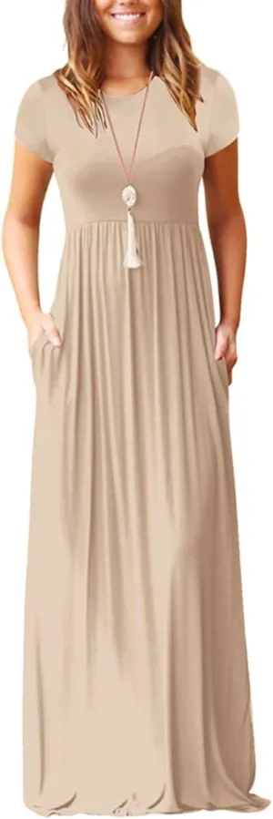 Kubbon Women's Short Sleeve Maxi Dresses Casual Empire Waist Long Dress Loose Plain Dress Vacation Long Dresses with Pocket