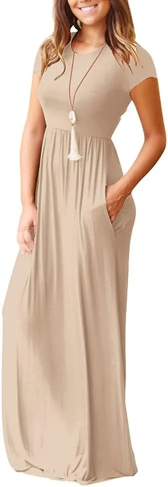 Kubbon Women's Short Sleeve Maxi Dresses Casual Empire Waist Long Dress Loose Plain Dress Vacation Long Dresses with Pocket