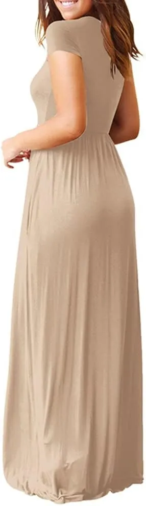 Kubbon Women's Short Sleeve Maxi Dresses Casual Empire Waist Long Dress Loose Plain Dress Vacation Long Dresses with Pocket