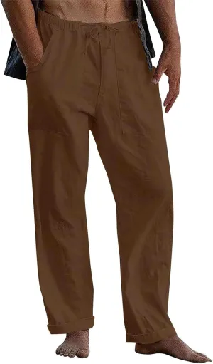 KUIOLYPOER Linen Pants Men Yoga Beach Baggy Casual Pants 2025 Summer Elastic Waist Drawstring Cotton Trousers with Pockets