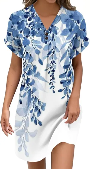 KUIOLYPOER Womens Summer Shirt Dress Short Sleeve Floral Shift Button Dress Casual Loose Flowy Beach Sundress