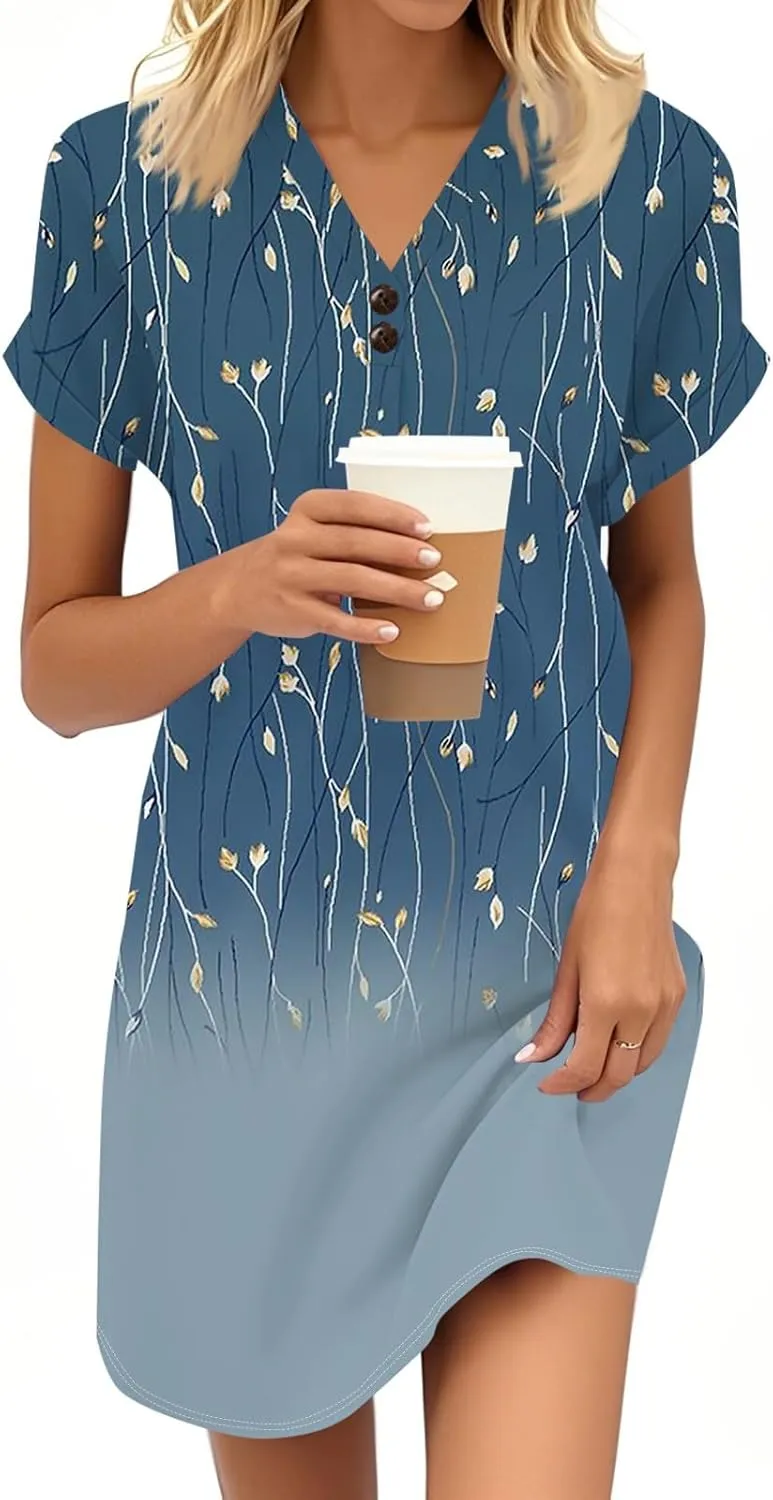 KUIOLYPOER Womens Summer Shirt Dress Short Sleeve Floral Shift Button Dress Casual Loose Flowy Beach Sundress