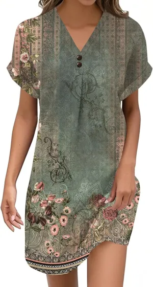 KUIOLYPOER Womens Summer Shirt Dress Short Sleeve Floral Shift Button Dress Casual Loose Flowy Beach Sundress