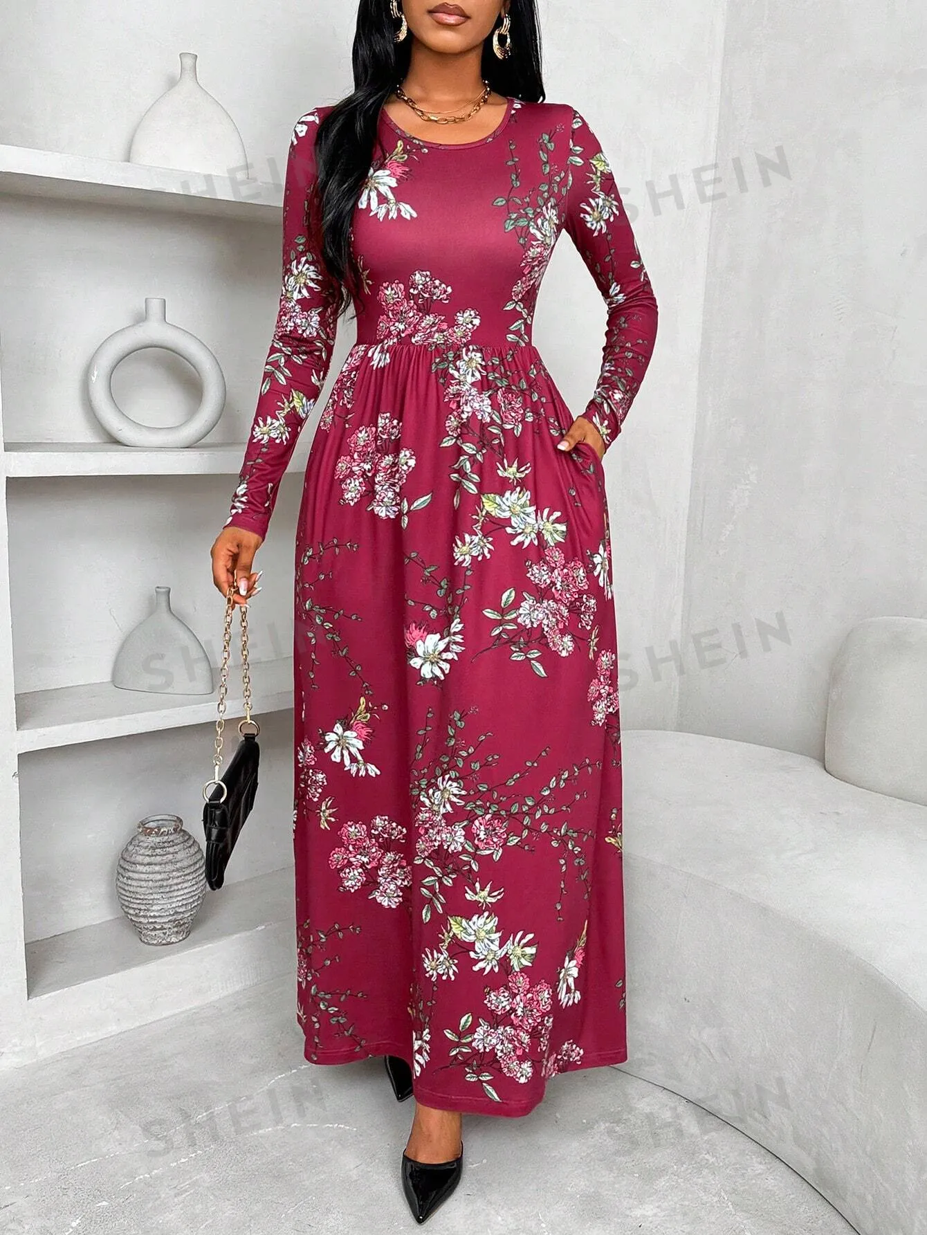 Ladiora Women's Oversized Floral Print Round Neck Long Sleeve Casual Dress