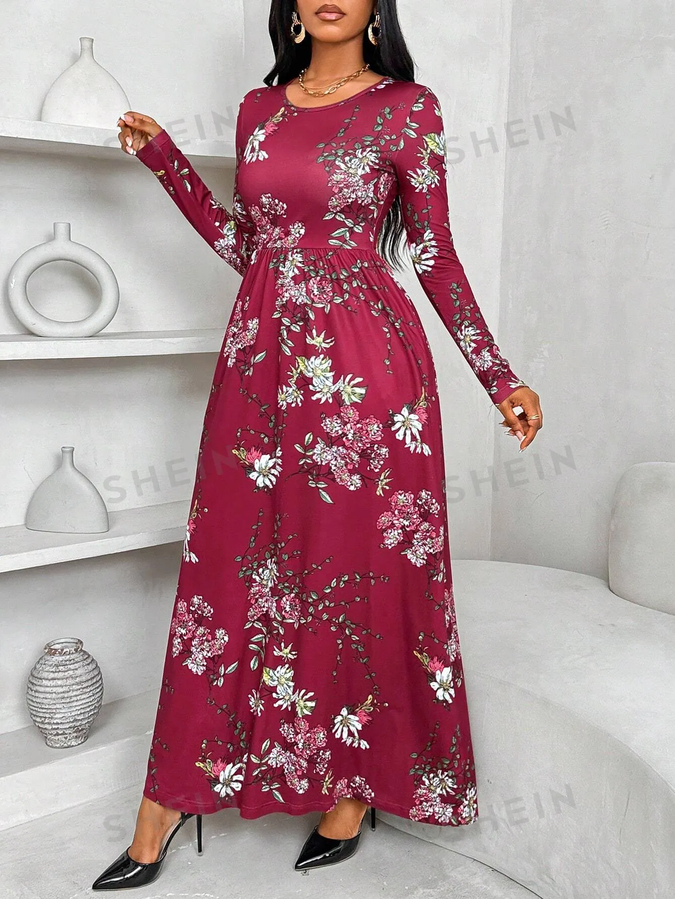 Ladiora Women's Oversized Floral Print Round Neck Long Sleeve Casual Dress