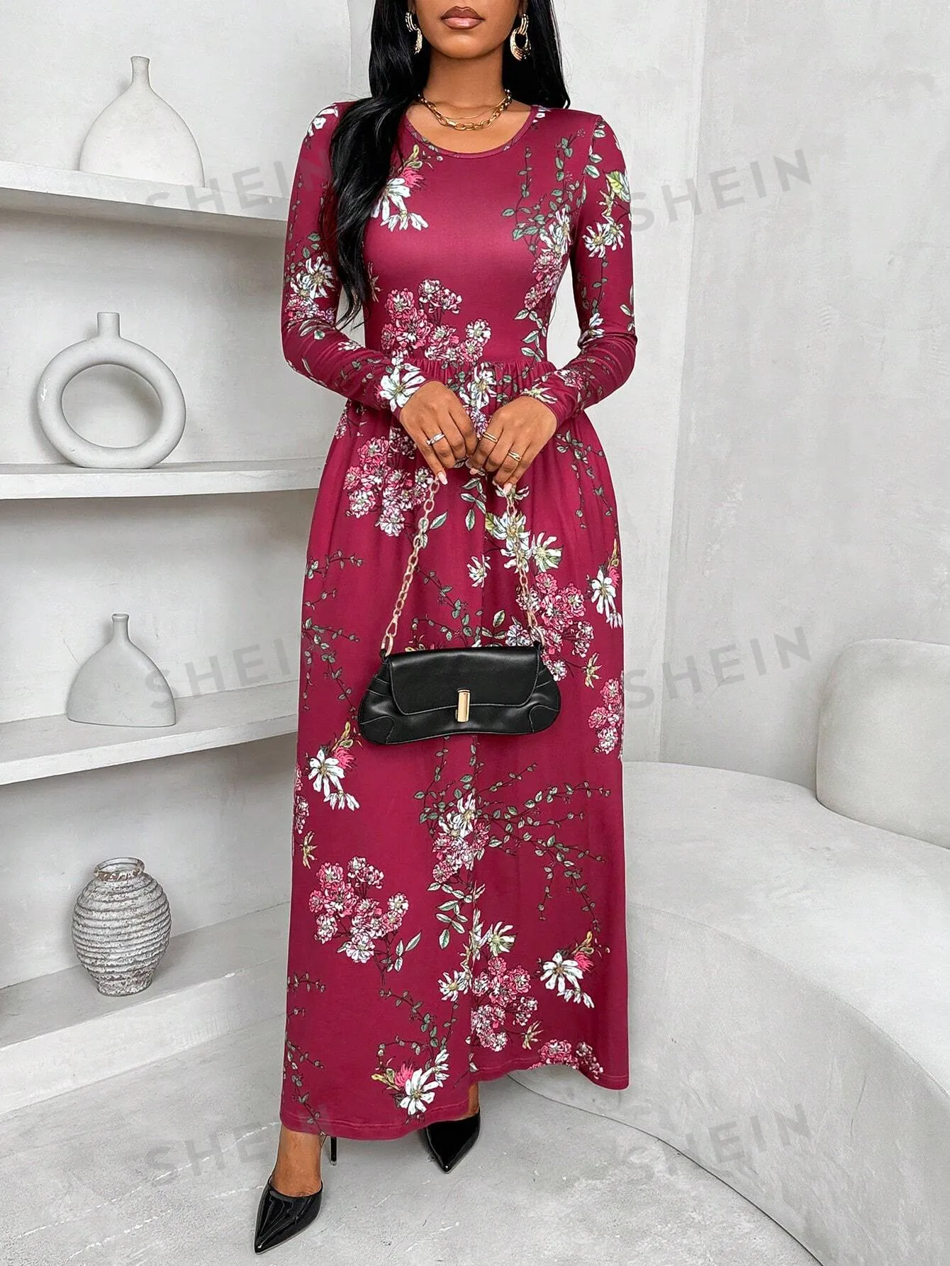 Ladiora Women's Oversized Floral Print Round Neck Long Sleeve Casual Dress