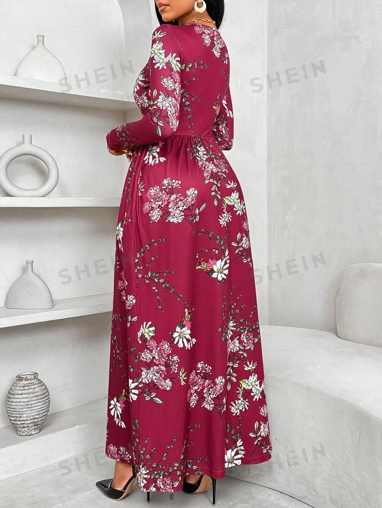 Ladiora Women's Oversized Floral Print Round Neck Long Sleeve Casual Dress