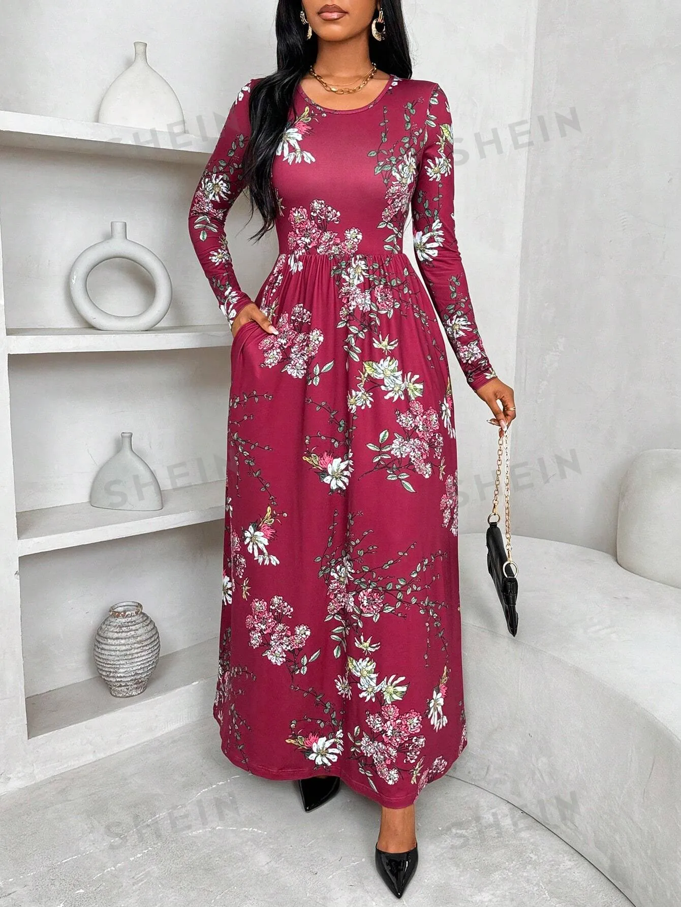 Ladiora Women's Oversized Floral Print Round Neck Long Sleeve Casual Dress