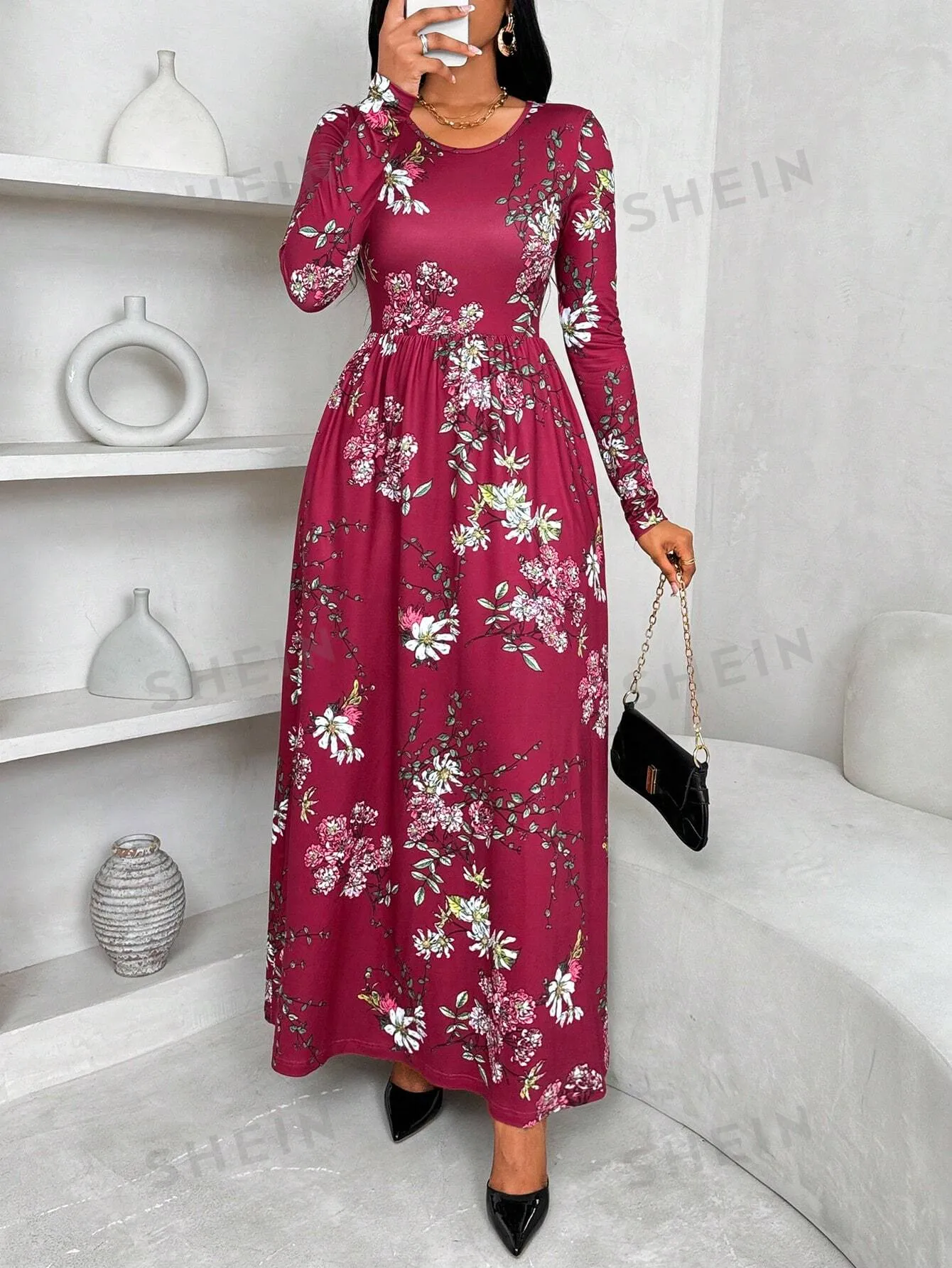 Ladiora Women's Oversized Floral Print Round Neck Long Sleeve Casual Dress