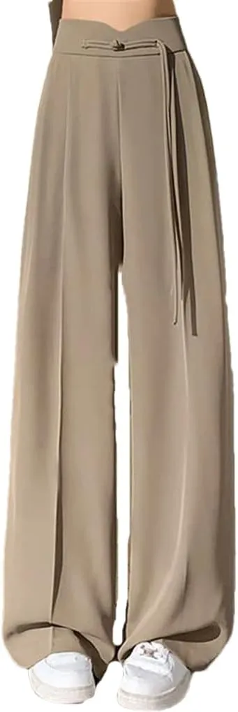 Lady Straight Leg Pants High Waisted Trousers Women Solid Color Loose Daily Slacks
