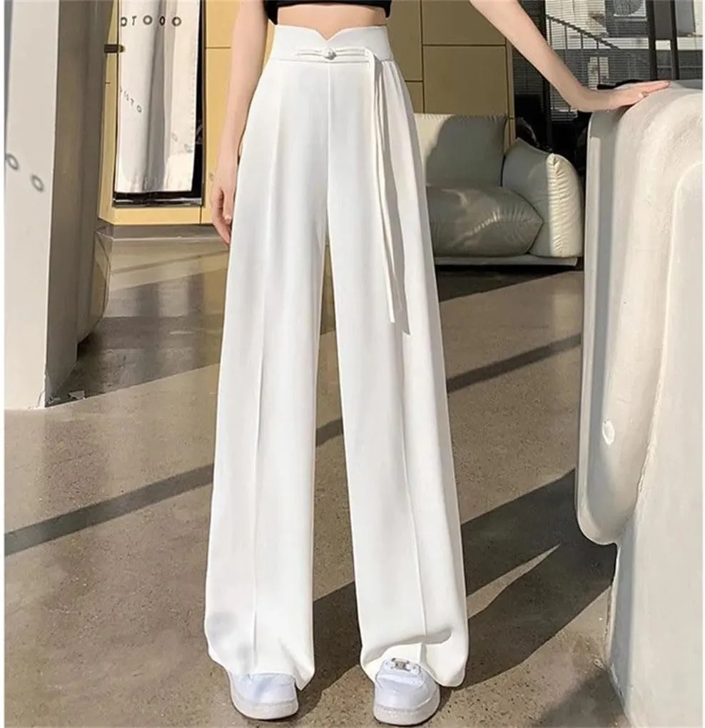 Lady Straight Leg Pants High Waisted Trousers Women Solid Color Loose Daily Slacks