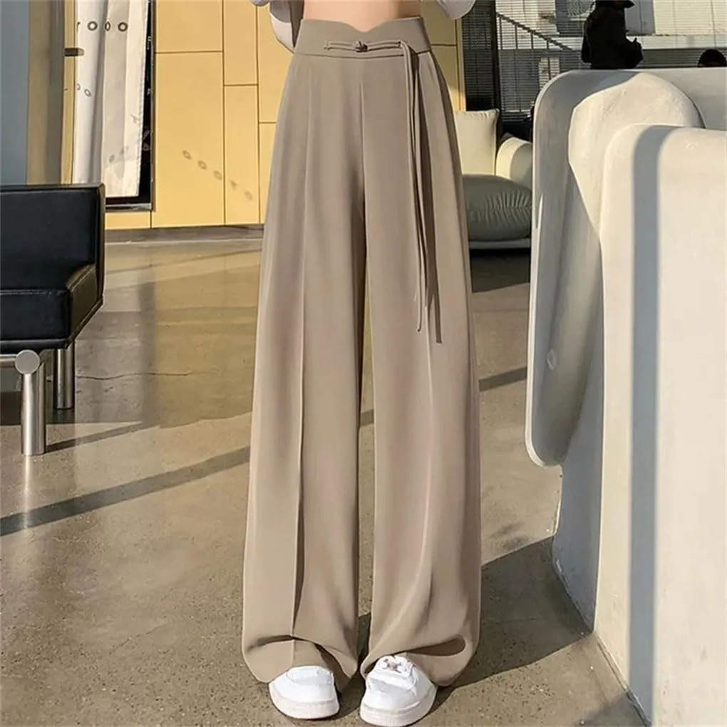 Lady Straight Leg Pants High Waisted Trousers Women Solid Color Loose Daily Slacks