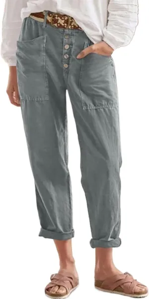 LCMTWX Casual Pants for Women Straight Wide Leg Pants with Breasted Cotton Loose Casual Pants with Denim Capris for Women