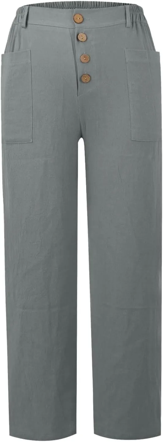 LCMTWX Casual Pants for Women Straight Wide Leg Pants with Breasted Cotton Loose Casual Pants with Denim Capris for Women