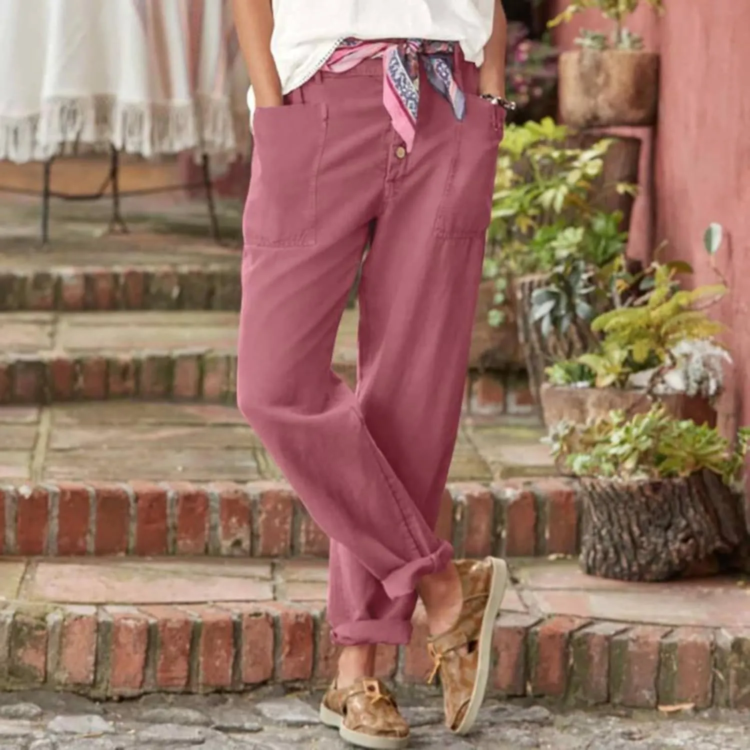 LCMTWX Casual Pants for Women Straight Wide Leg Pants with Breasted Cotton Loose Casual Pants with Denim Capris for Women