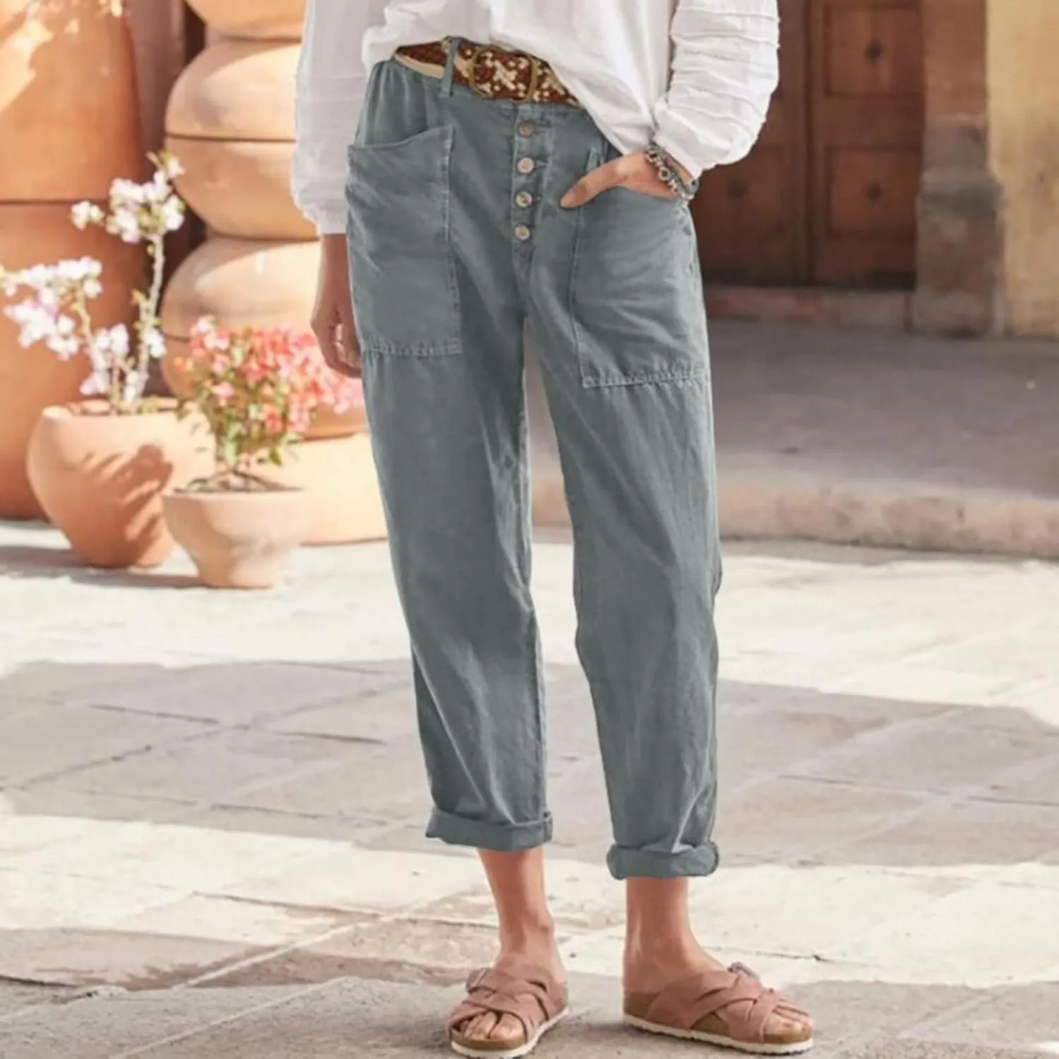 LCMTWX Casual Pants for Women Straight Wide Leg Pants with Breasted Cotton Loose Casual Pants with Denim Capris for Women