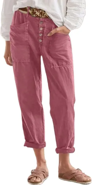LCMTWX Casual Pants for Women Straight Wide Leg Pants with Breasted Cotton Loose Casual Pants with Denim Capris for Women