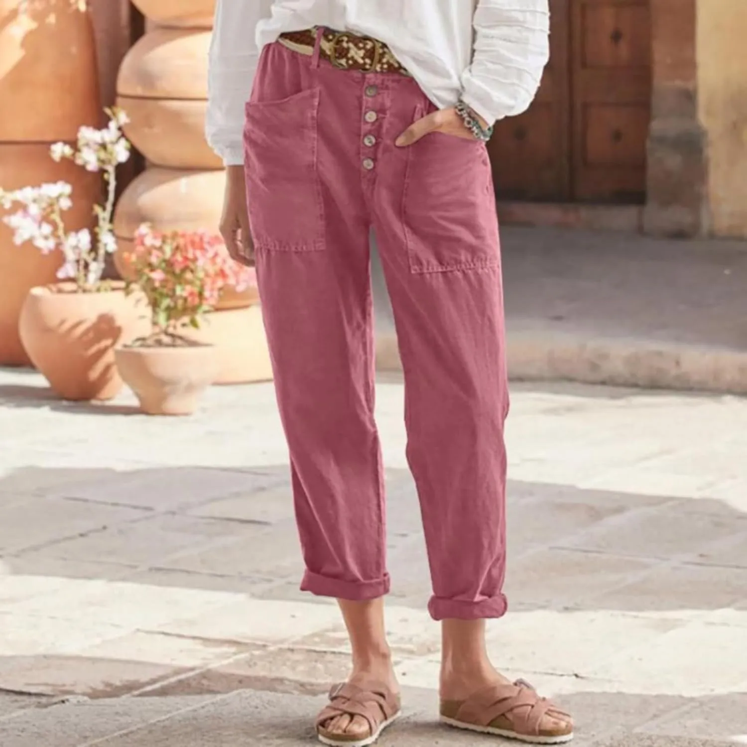 LCMTWX Casual Pants for Women Straight Wide Leg Pants with Breasted Cotton Loose Casual Pants with Denim Capris for Women