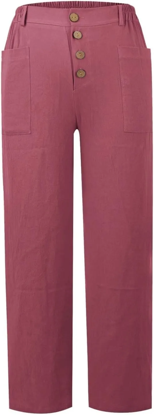 LCMTWX Casual Pants for Women Straight Wide Leg Pants with Breasted Cotton Loose Casual Pants with Denim Capris for Women