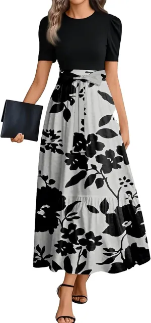 lcyhony Maxi Dresses for Women 2025 Casual Patchwork Tie Puff Sleeve Dress Summer Modest Elegant Church Wedding Guest Dresses