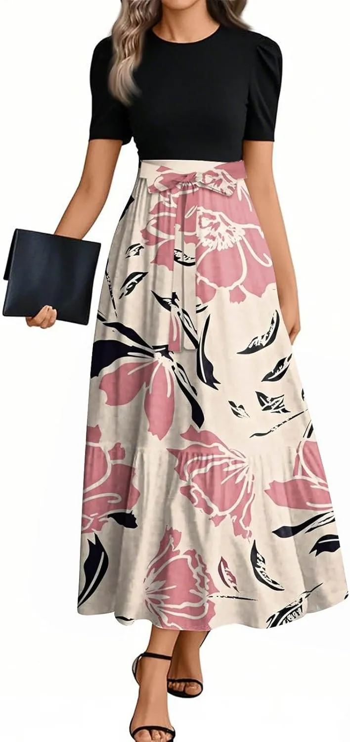 lcyhony Maxi Dresses for Women 2025 Casual Patchwork Tie Puff Sleeve Dress Summer Modest Elegant Church Wedding Guest Dresses