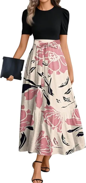 lcyhony Maxi Dresses for Women 2025 Casual Patchwork Tie Puff Sleeve Dress Summer Modest Elegant Church Wedding Guest Dresses