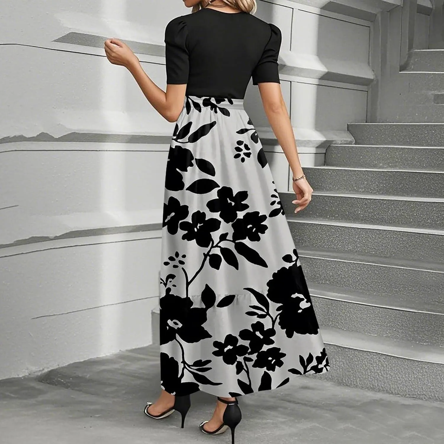 lcyhony Maxi Dresses for Women 2025 Casual Patchwork Tie Puff Sleeve Dress Summer Modest Elegant Church Wedding Guest Dresses