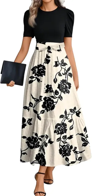 lcyhony Maxi Dresses for Women 2025 Casual Patchwork Tie Puff Sleeve Dress Summer Modest Elegant Church Wedding Guest Dresses