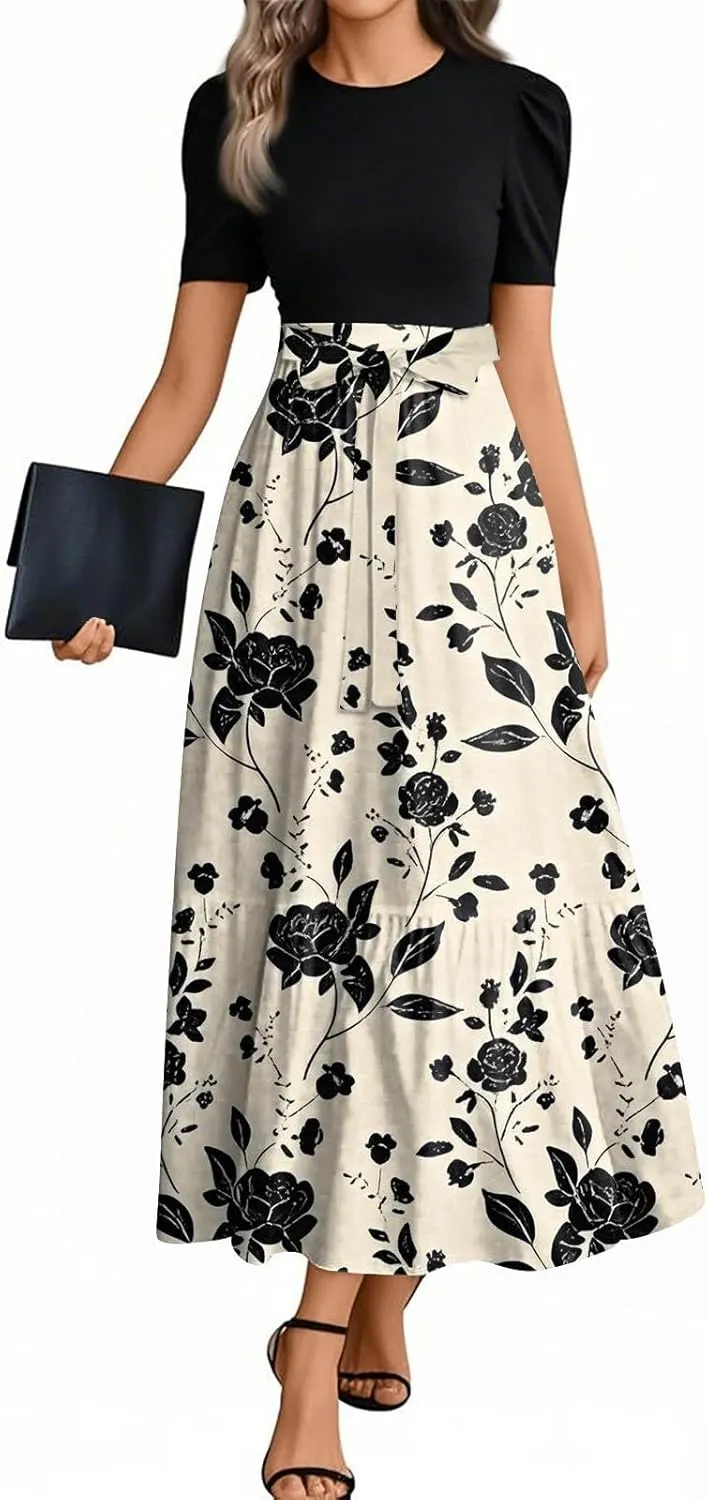 lcyhony Maxi Dresses for Women 2025 Casual Patchwork Tie Puff Sleeve Dress Summer Modest Elegant Church Wedding Guest Dresses