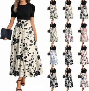 lcyhony Maxi Dresses for Women 2025 Casual Patchwork Tie Puff Sleeve Dress Summer Modest Elegant Church Wedding Guest Dresses