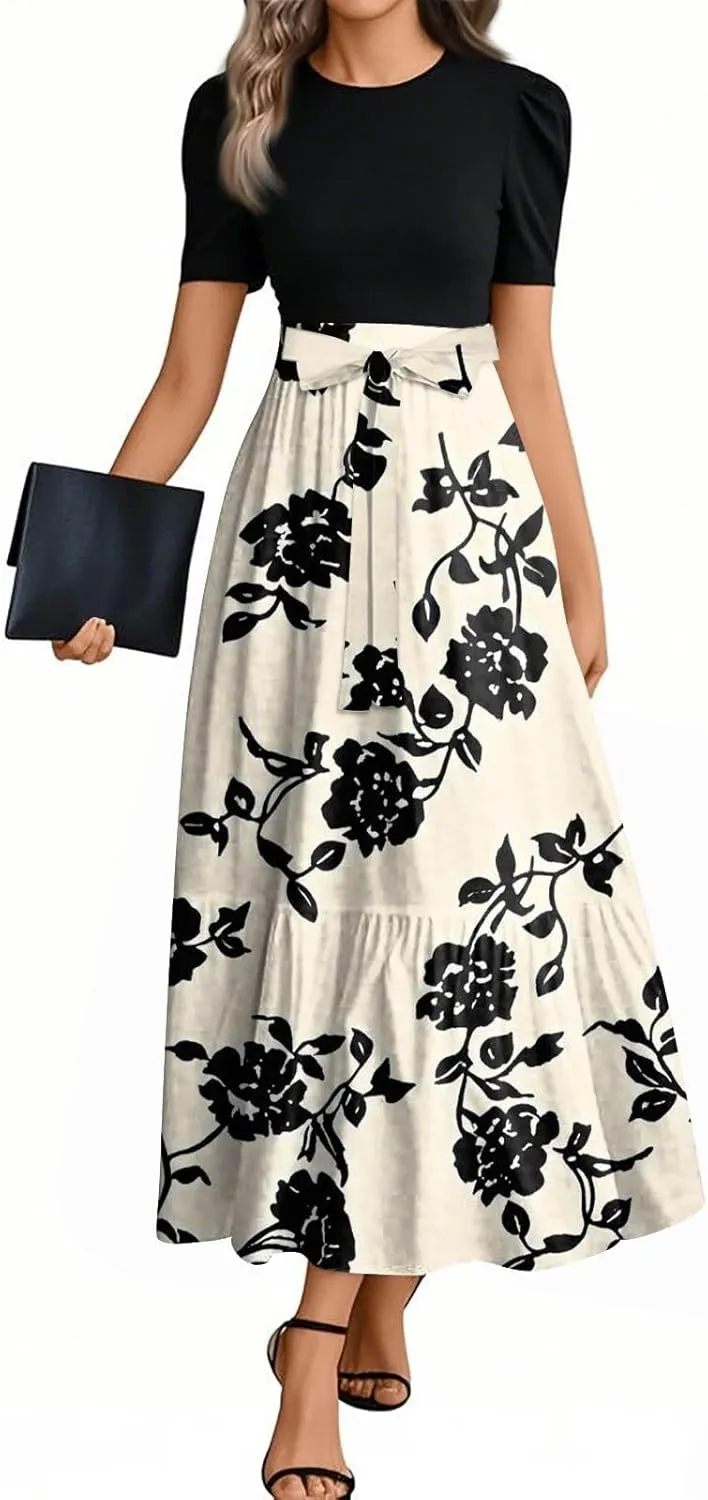 lcyhony Maxi Dresses for Women 2025 Casual Patchwork Tie Puff Sleeve Dress Summer Modest Elegant Church Wedding Guest Dresses