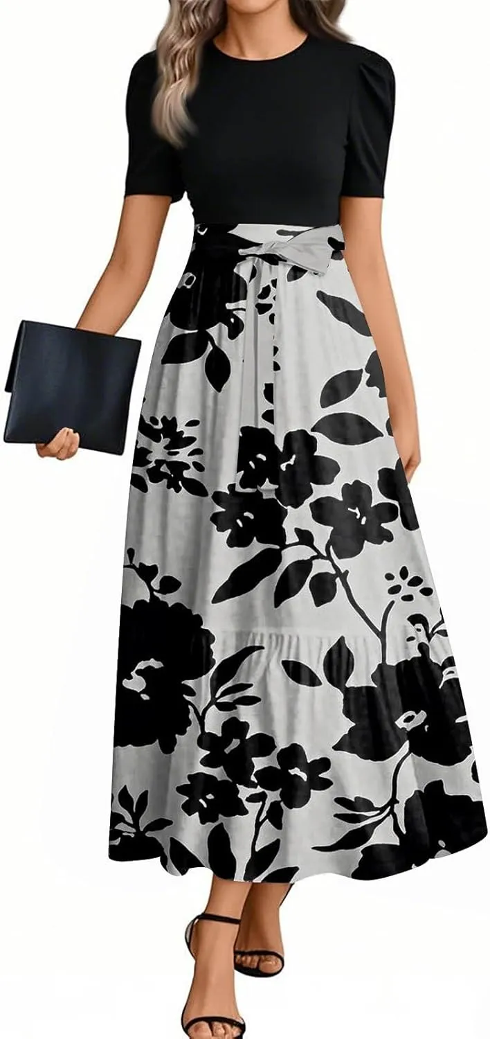 lcyhony Maxi Dresses for Women 2025 Casual Patchwork Tie Puff Sleeve Dress Summer Modest Elegant Church Wedding Guest Dresses