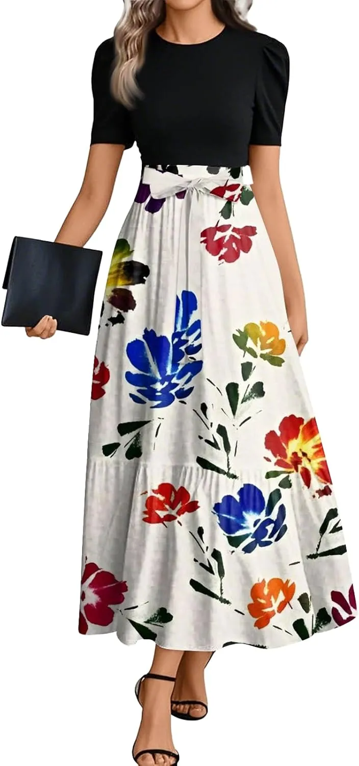 lcyhony Maxi Dresses for Women 2025 Casual Patchwork Tie Puff Sleeve Dress Summer Modest Elegant Church Wedding Guest Dresses