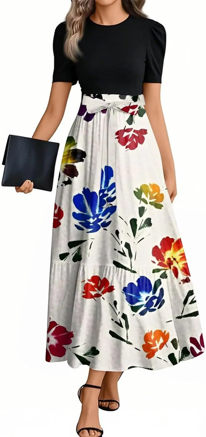 lcyhony Maxi Dresses for Women 2025 Casual Patchwork Tie Puff Sleeve Dress Summer Modest Elegant Church Wedding Guest Dresses