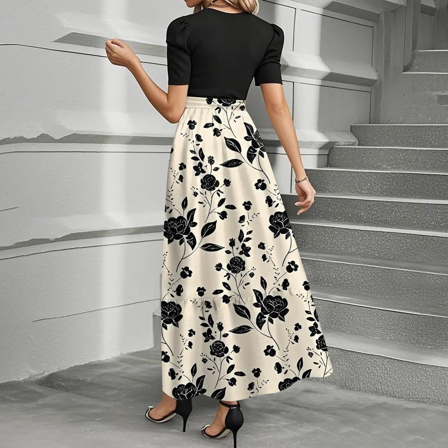 lcyhony Maxi Dresses for Women 2025 Casual Patchwork Tie Puff Sleeve Dress Summer Modest Elegant Church Wedding Guest Dresses