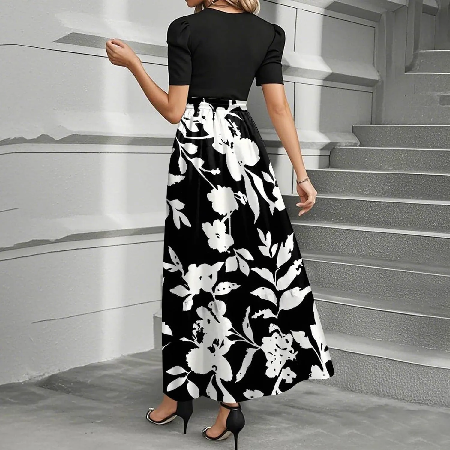 lcyhony Maxi Dresses for Women 2025 Casual Patchwork Tie Puff Sleeve Dress Summer Modest Elegant Church Wedding Guest Dresses
