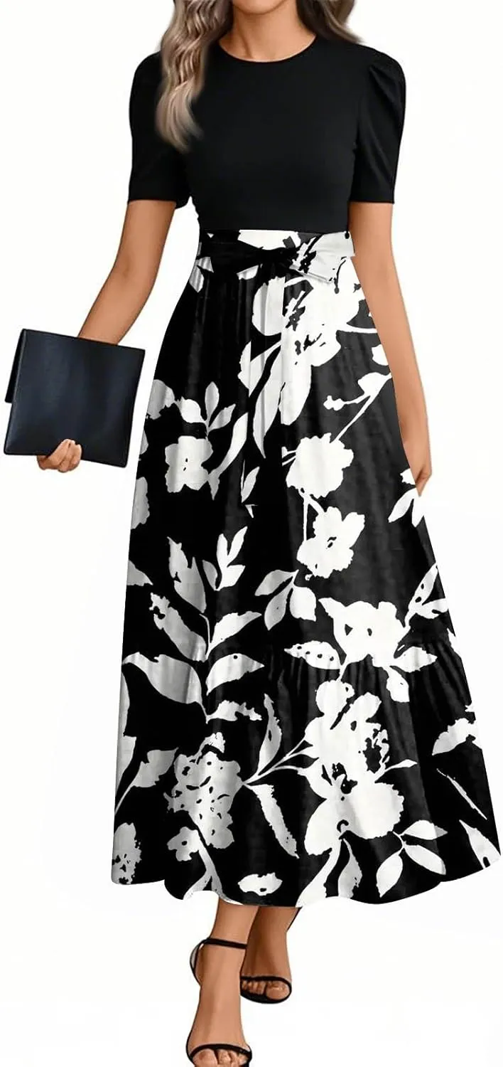 lcyhony Maxi Dresses for Women 2025 Casual Patchwork Tie Puff Sleeve Dress Summer Modest Elegant Church Wedding Guest Dresses