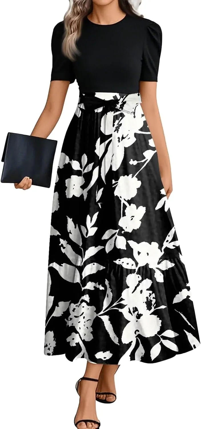 lcyhony Maxi Dresses for Women 2025 Casual Patchwork Tie Puff Sleeve Dress Summer Modest Elegant Church Wedding Guest Dresses