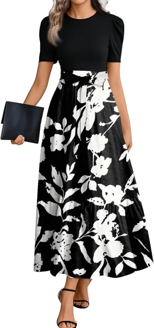lcyhony Maxi Dresses for Women 2025 Casual Patchwork Tie Puff Sleeve Dress Summer Modest Elegant Church Wedding Guest Dresses