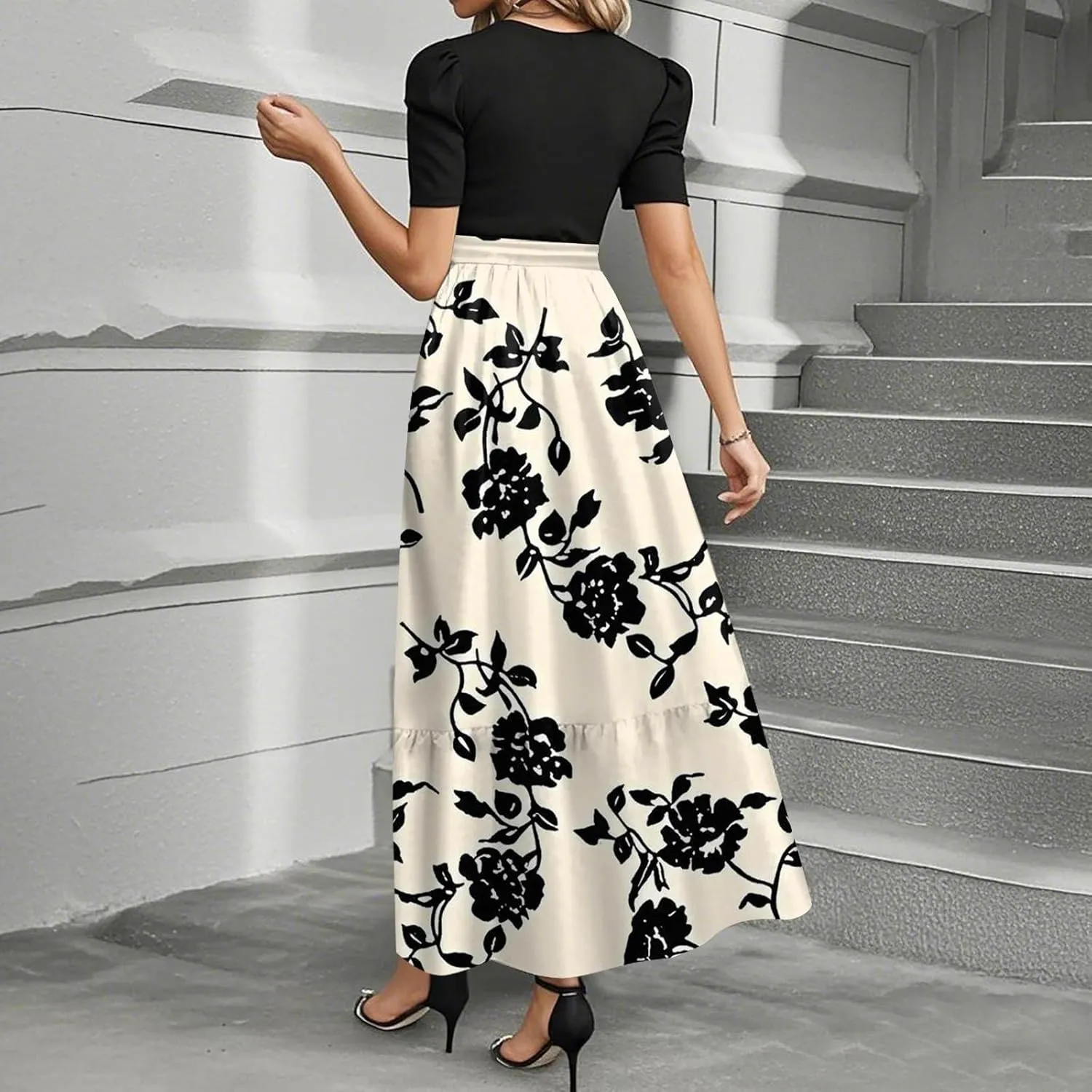 lcyhony Maxi Dresses for Women 2025 Casual Patchwork Tie Puff Sleeve Dress Summer Modest Elegant Church Wedding Guest Dresses