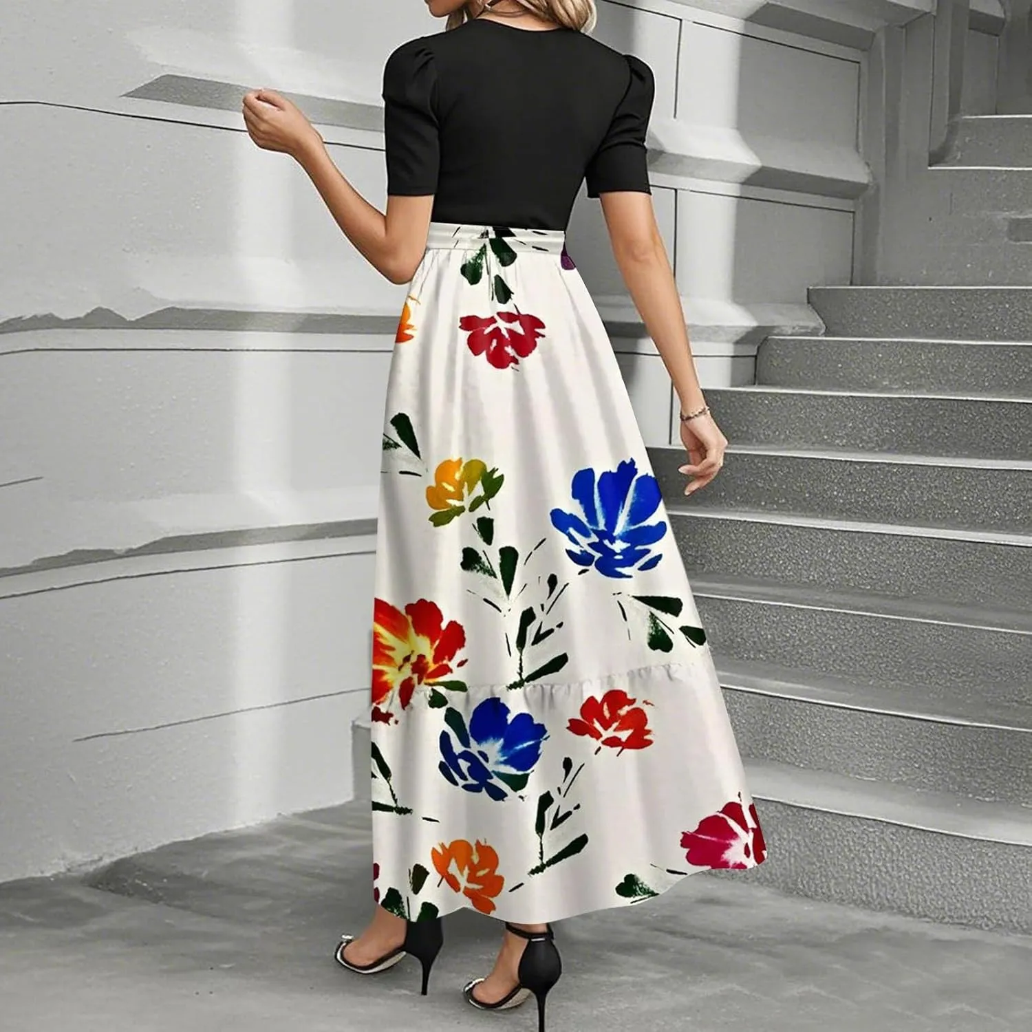 lcyhony Maxi Dresses for Women 2025 Casual Patchwork Tie Puff Sleeve Dress Summer Modest Elegant Church Wedding Guest Dresses