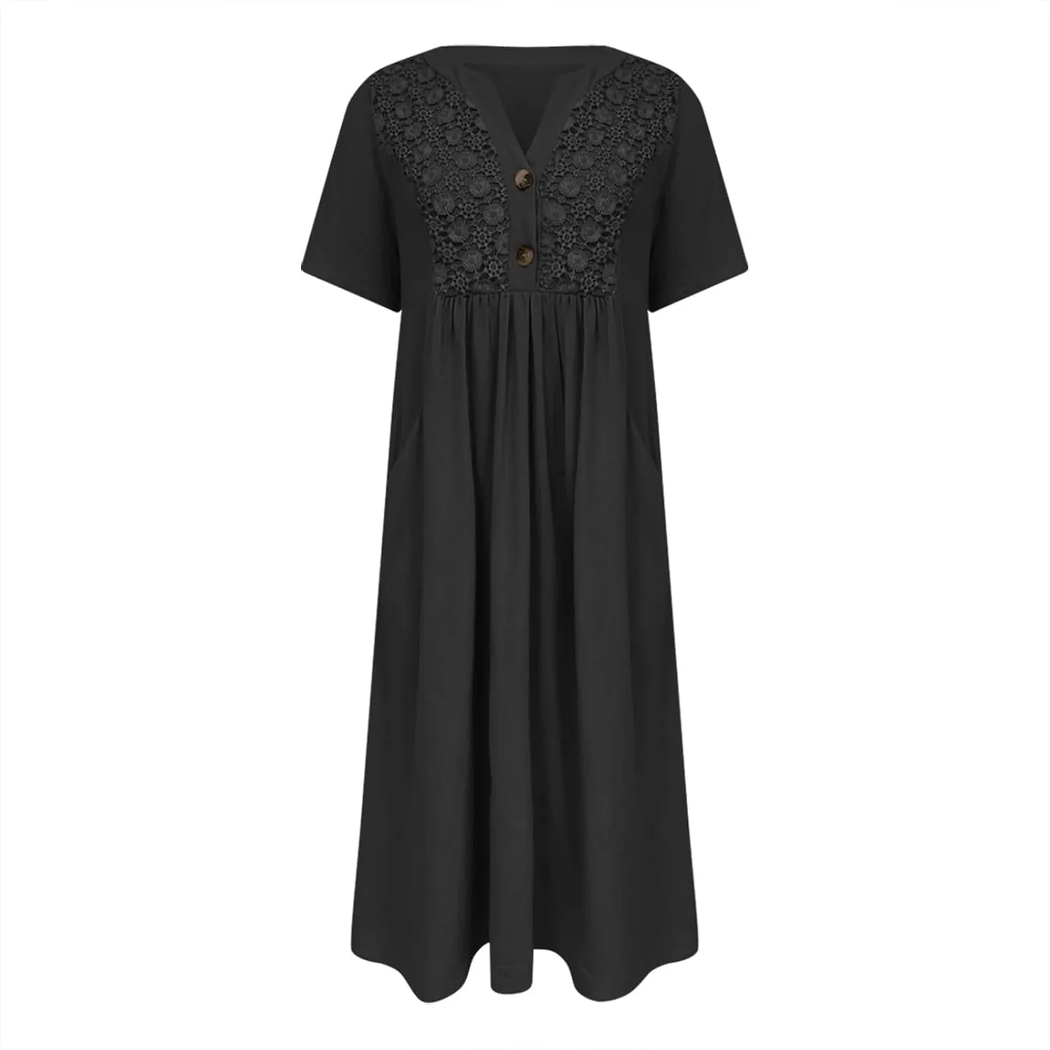 LEMONONSTORE Crochet Lace Dress for Women Button V Neck Short Sleeve Summer Dresses Casual Loose Fit Lounge Vacation Clothes
