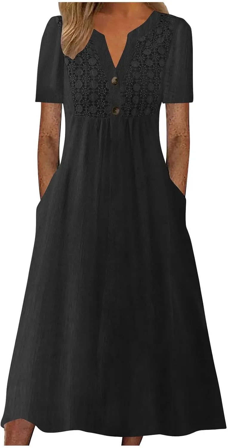 LEMONONSTORE Crochet Lace Dress for Women Button V Neck Short Sleeve Summer Dresses Casual Loose Fit Lounge Vacation Clothes